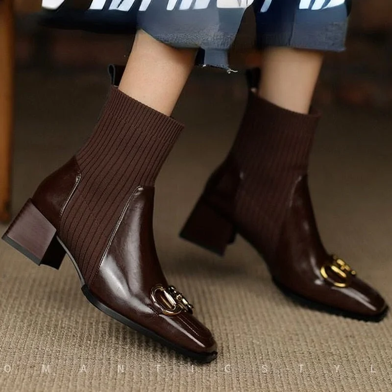 Lourdasprec 2022 Autumn New Fashtion Platform Square Head Pu Leather Women's Casual Boots Square Heel Women's Martin Stretch Stocking Boots