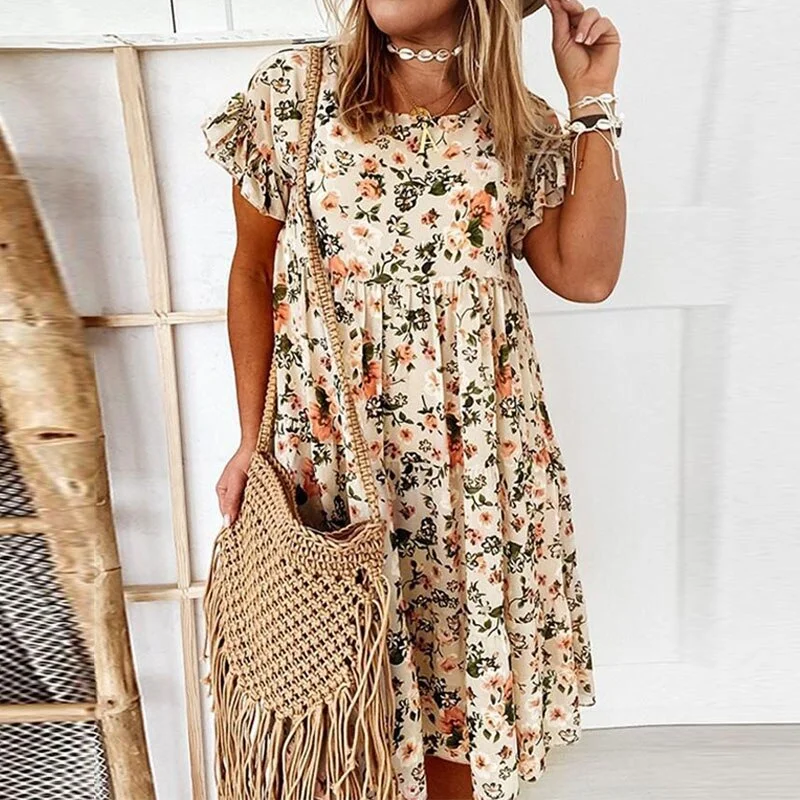 Women Floral Print Dress 2021 Summer Causal Short Sleeve Ruffles Dresses Bohemian O Neck A-Line Loose Female Mini Dress Vestidos