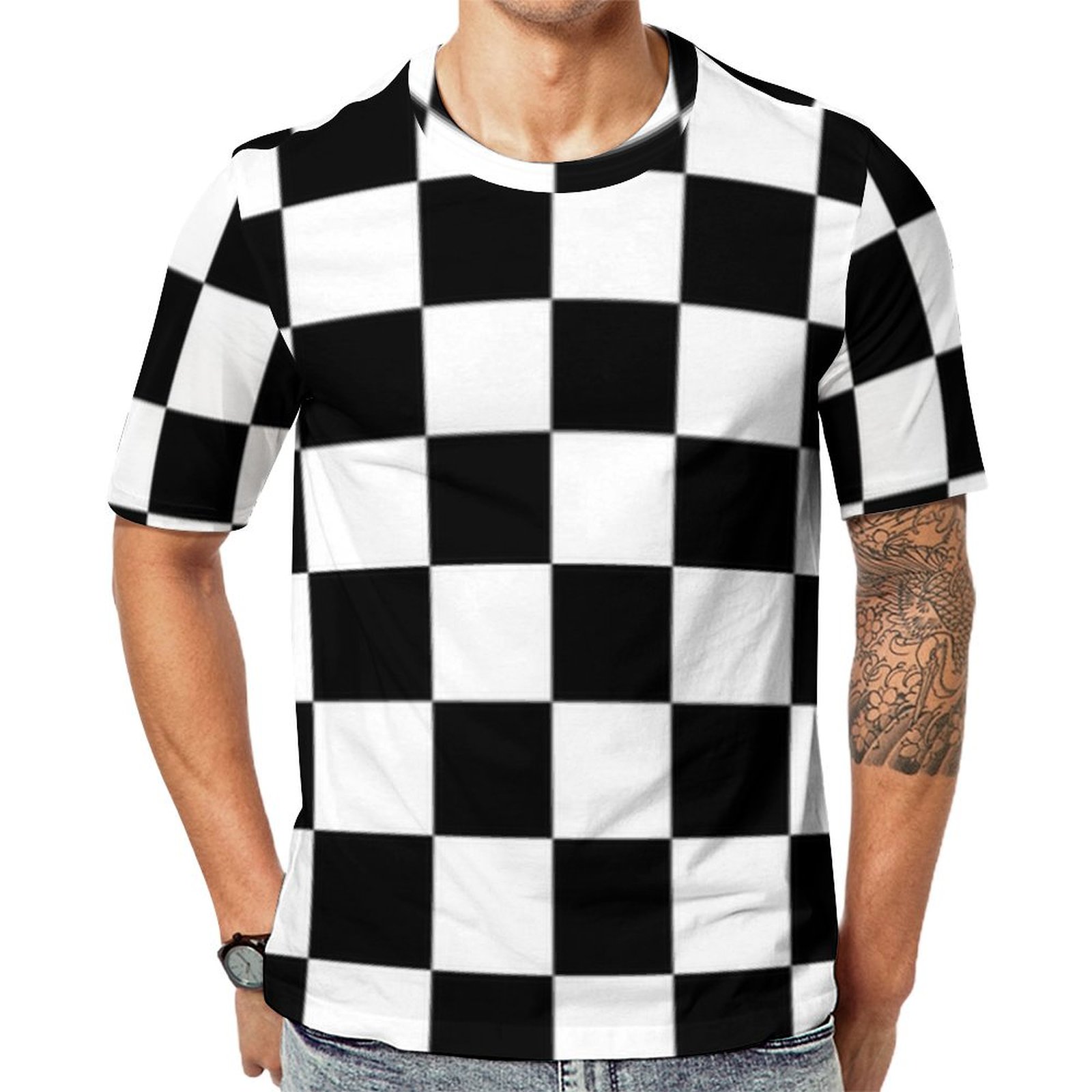Cool Black White Checkered Flag Print Short Sleeve Print Unisex Tshirt Summer Casual Tees for Men and Women Coolcoshirts