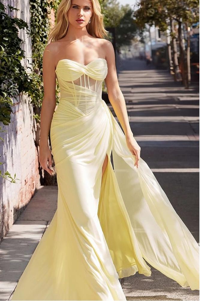 Oknass Strapless Sleeveless Long Mermaid Prom Dress With Pleated Split