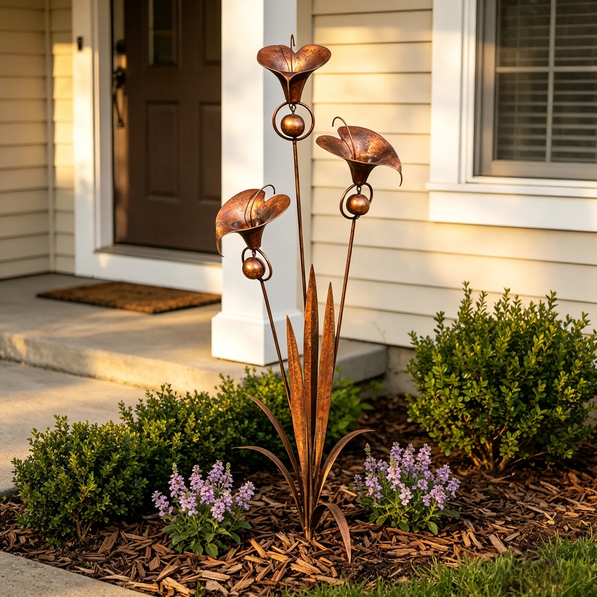 Flamed Copper Three Calla Lilies Garden Stake with Bells, 28" Handcrafted Outdoor Yard Art