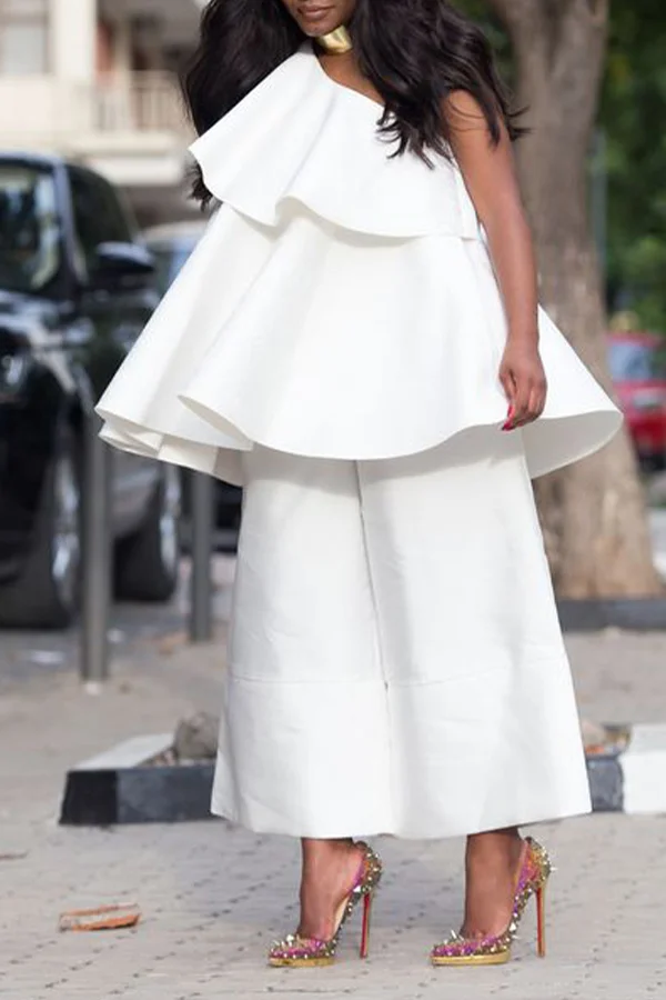 Fashion White Loose One Shoulder Ruffle Hem Top Trousers Set