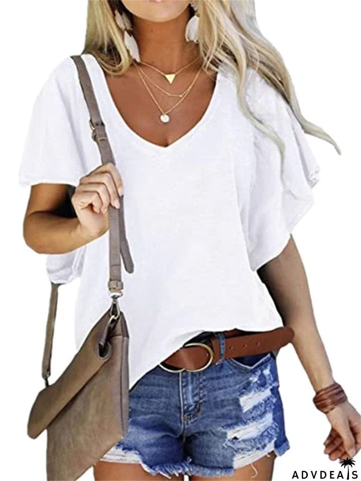 Summer Breathable Loose Short Sleeve V Neck Shirt for Women