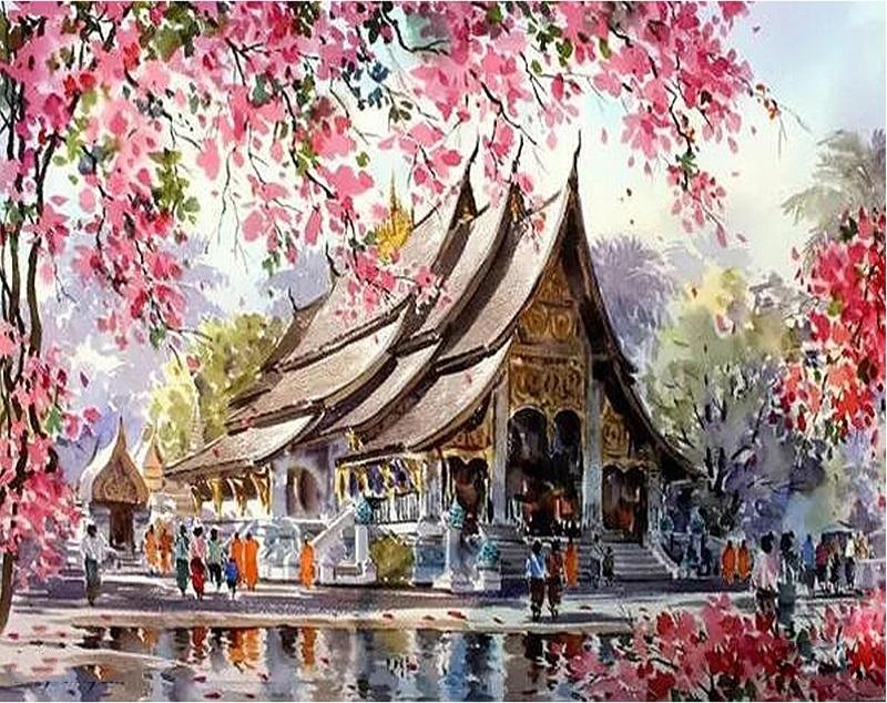 

Cherry blossom Temple – Paint By Numbers - 40*50CM, 501 Original