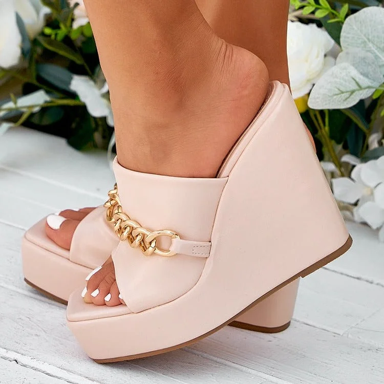 Women Slippers High Heel Open Toe Fashion Sandals Metal Chain Wedge Platform Plus Size Women Beachshoes