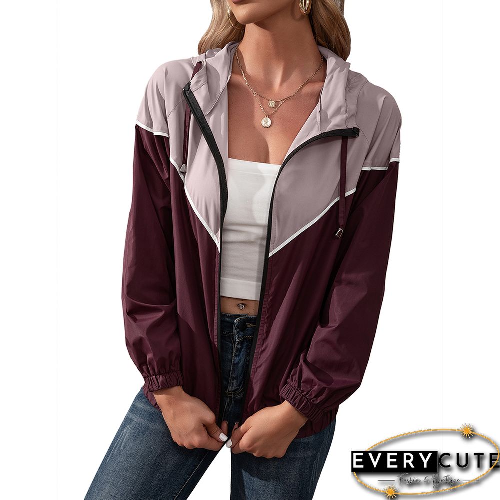 Wine Red Contrast Outdoor Rainproof Hooded Jacket
