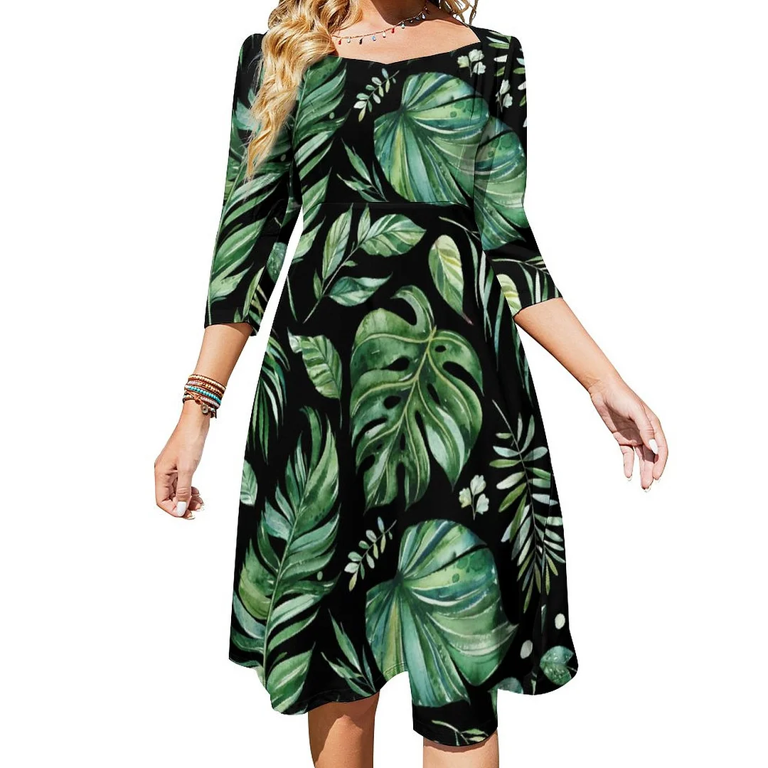 Green And Black Tropical Monstera Leaf Dress Sweetheart Tie Back Flared 3/4 Sleeve Midi Dresses