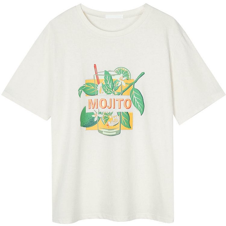 Leaves Drinks Print Round Collar Casual T-Shirt - Modakawa modakawa