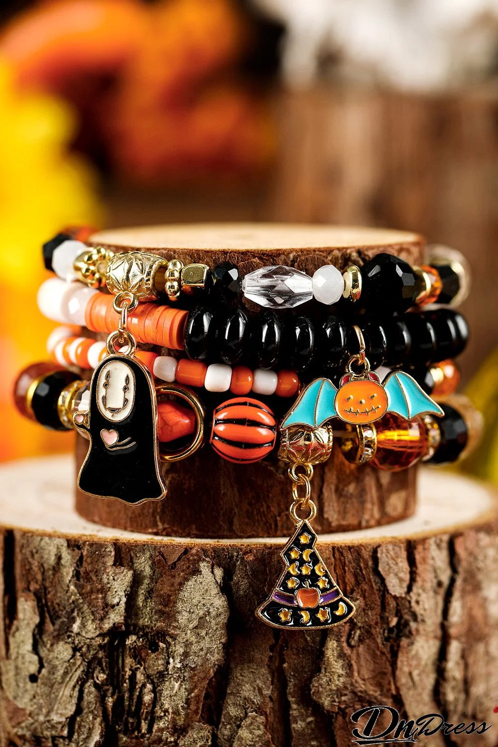 Orange Halloween Pumpkin Ghost Pendant Layered Beaded Bracelet Set