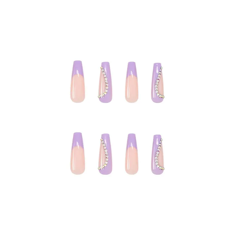 24pcs/set Coffin Fake Nails Long Rhinestone Heart Decals Purple French False Nails Beauty Bride Ballerina Nail Art Full Tips-Nail Inspo
