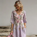 Bohemian Style Plant Flower And Butterfly Pattern Embroidery Women's Cotton And Linen Dress - Image 7