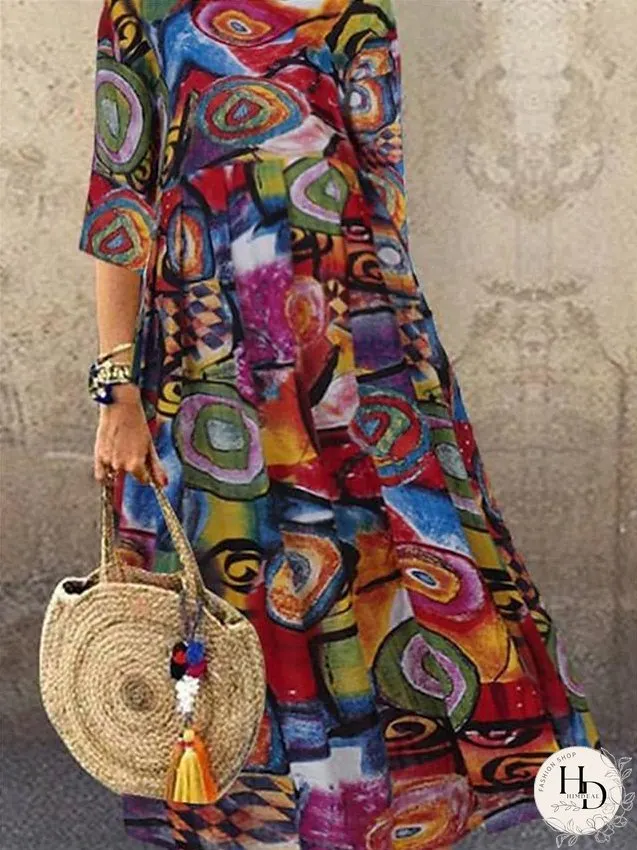 Casual Dress Swing Dress Boho Dress Long Dress Maxi Dress Black Red Half Sleeve Graphic Pleated Winter Fall Spring Crew Neck Fashion Daily Vacation Fall Dress S M L XL 2XL 3XL 4XL 5XL for Women