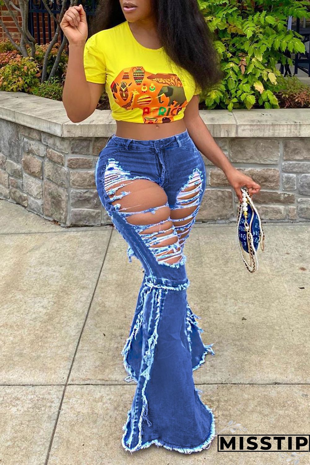 Blue Fashion Casual Solid Ripped Plus Size Jeans