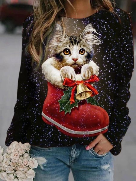 Women's Christmas Sweater New Base Printing Round Neck Top Loose Casual Long-sleeved Sweater Plus Size Clothing Long-sleeved Sweater Women Xs-8xl - Shop Trendy Women's Fashion | TeeYours
