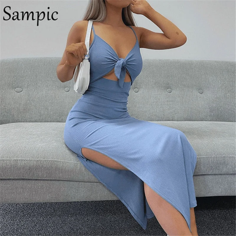 Sampic Sexy Backless Khaki Fashion Women Bandage Hollow Out Long Split Bodycon Dress 2021 Ladies Party Club Knit Cut Out Dress