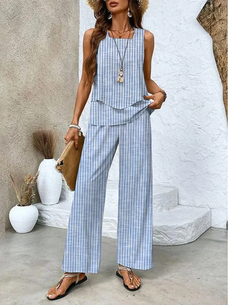 Women's Floral Printing Two-Piece Set Daily Sleeveless Casual Summer Top With Pants Matching Set
