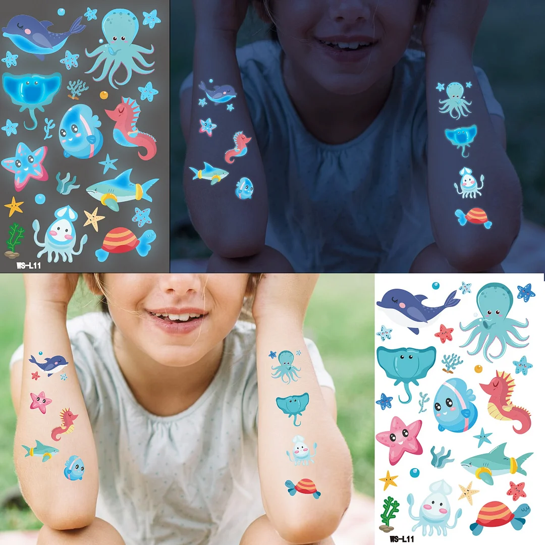 Sdrawing Glow In The Dark Temporary Tattoos For Kids Boys Kids Fake Luminous Tattoo Flash Animal Cartoon Party Favor Set Glowing Zoo