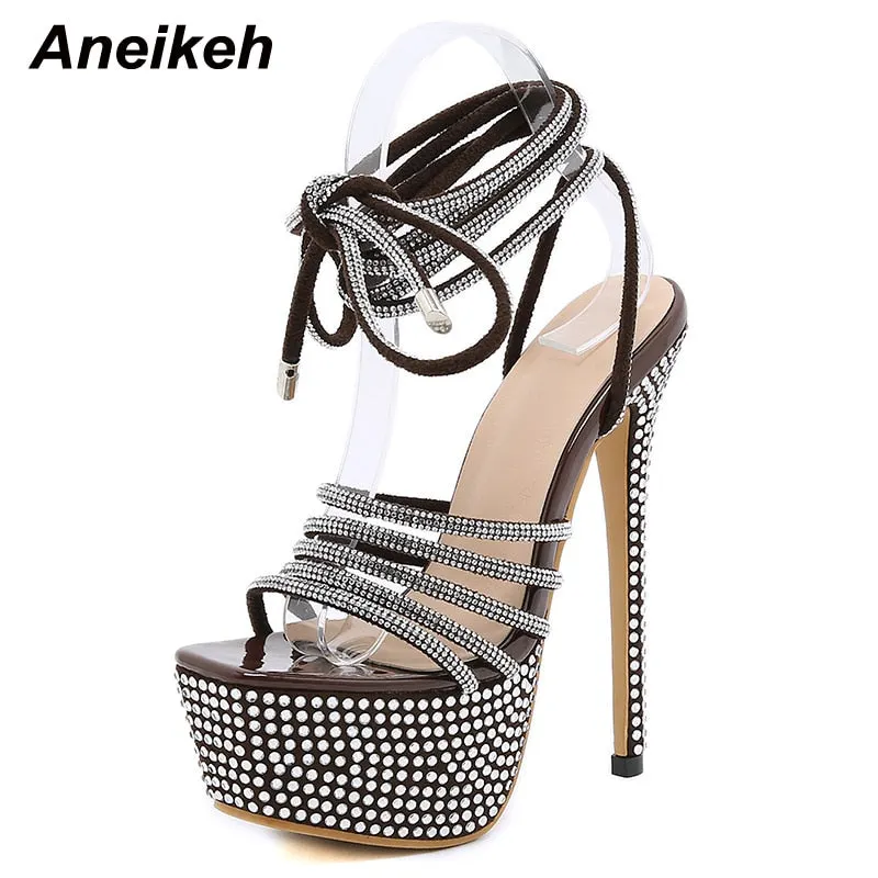AneikehRhinestone Strap Cross Sexy GLADIATOR Platform Sandals For Women Open toe Bling Crystal High Heel Sandals Nightclub Shoes