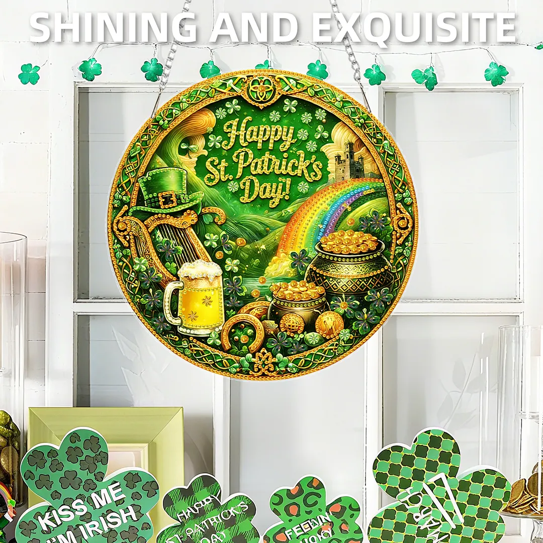 St Patricks Day DIY 2D Flat Acrylic Diamond Painting Kits 5D Diamond Art Painting Window Pendants for Home Garden Wall Decoration
