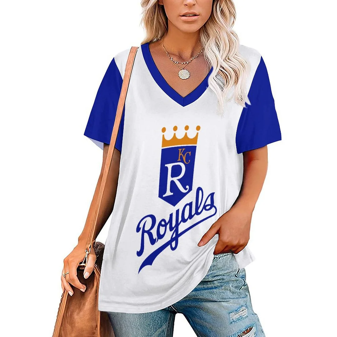 V-neck Short Sleeve Casual T-shirt for  Women Printed with Pattern,Blue,Light Blue,Gold,White