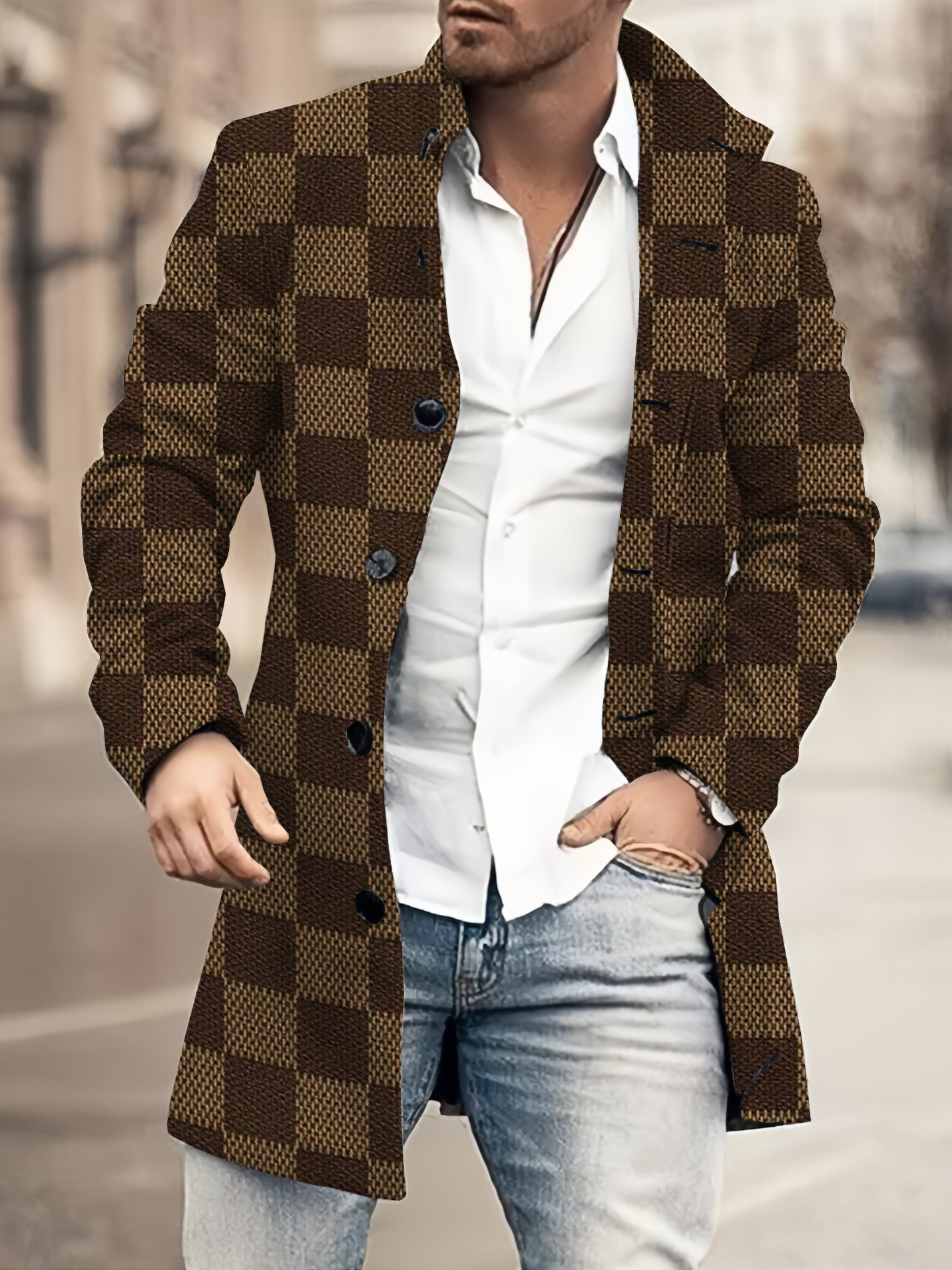 Men's fashion geometric print mid-length coat 050