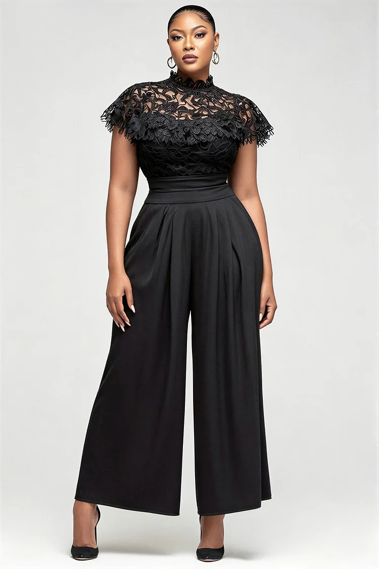 Xpluswear Design Plus Size Cocktail Party Elegant Black Mock Neck Short Sleeve Pocket Contrast Lace Jumpsuits [Pre-Order] 2024 - Xpluswear