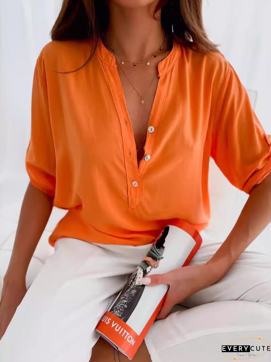 Stand Collar Half-buttoned Placket Shirt