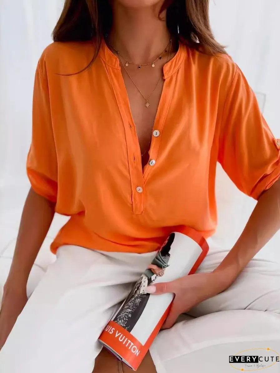 Stand Collar Half-buttoned Placket Shirt