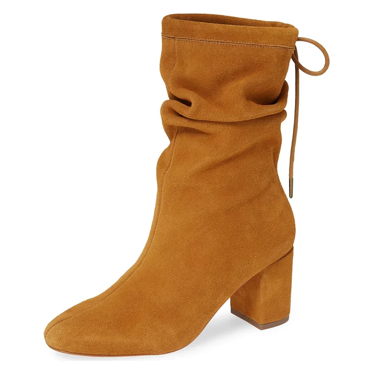 Tan Lace Up Suede Slouch Block Heel Boots Vdcoo