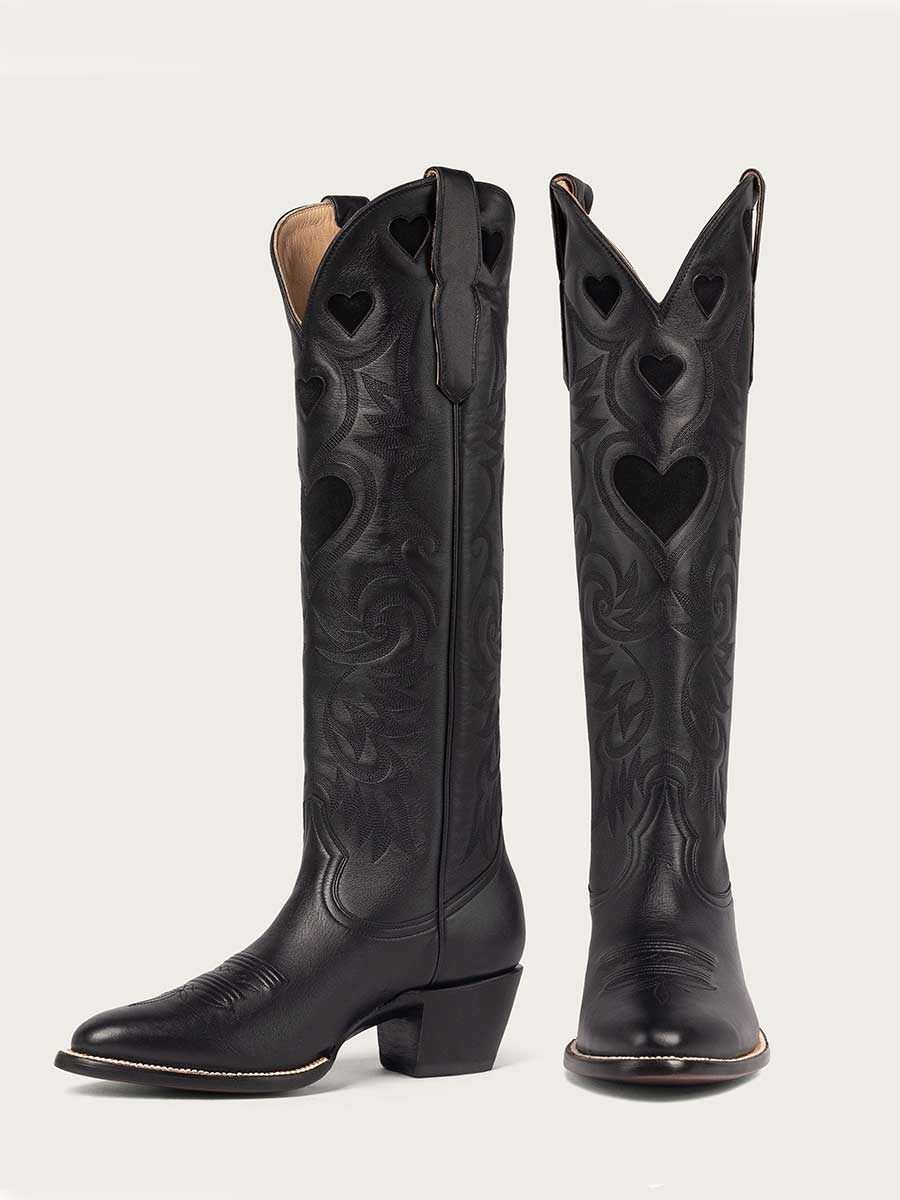 Black Heart Inlay Embroidered Wide Calf Knee High Cowgirl Boots