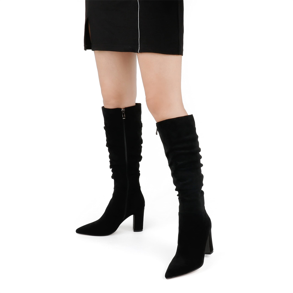 3.35" Women's Knee Boots Chunky Heels Zipper Fashion Sexy Suede Slouchy Boot-MERUMOTE
