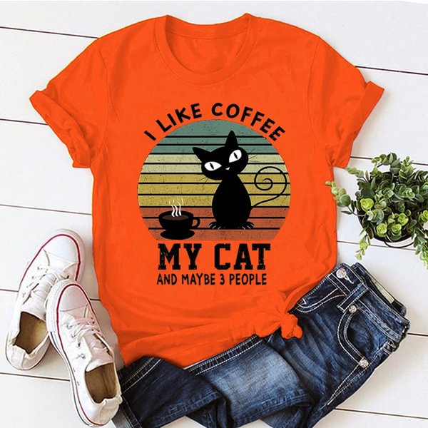 Cute I Like Coffee My Cat And Maybe 3 People Printed T-Shirts Women Short Sleeve Funny Round Neck Tee Shirt Casual Summer Tops - BlackFridayBuys