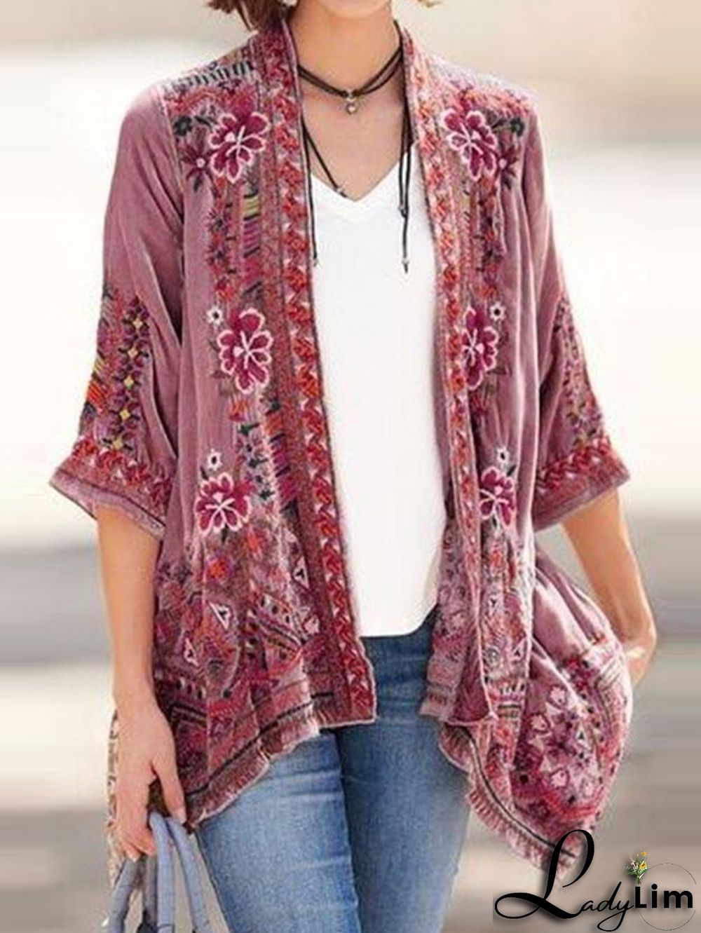 Ethnic Floral Half Sleeve Curve Hem Velvet Cardigan
