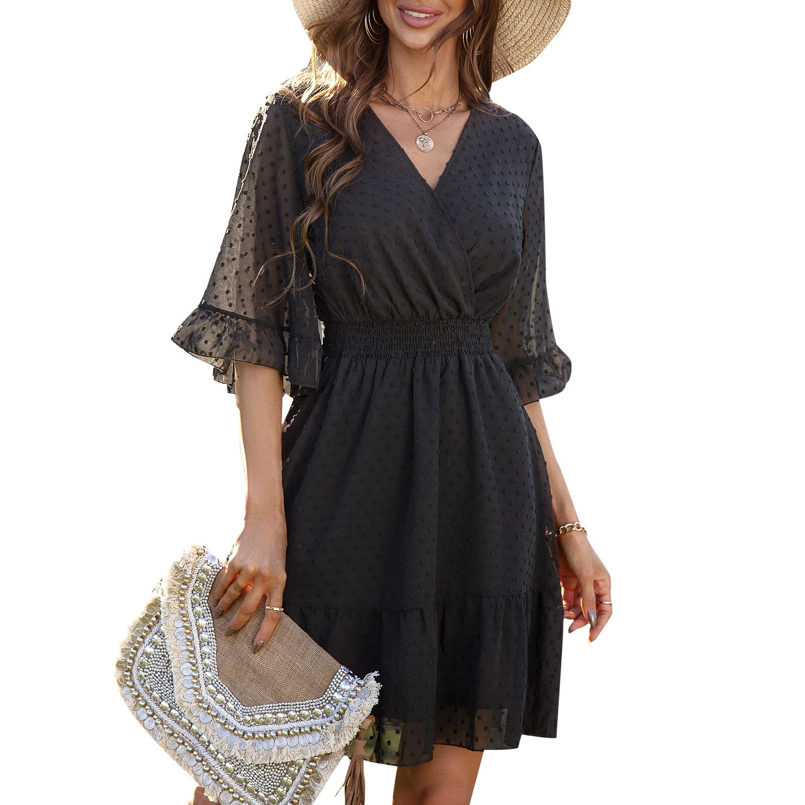 2022 Spring New Bohemia Floral Dress Women Casual V Neck High Waist Short Sleeve Print Fashion Summer Dress aliexpress Money