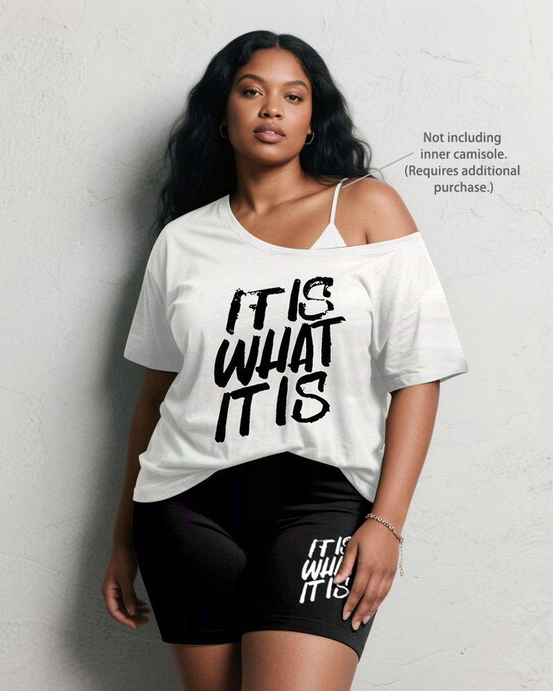 Women's Plus Size Daily Casual It Is What It Is Alphabet Print Short Sleeve Shorts Suit