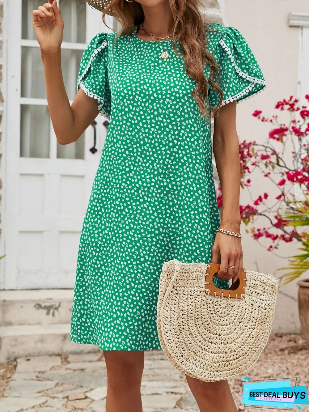 Round Neck Printed Dress with Tulip Sleeves and Tassel Lace Detail