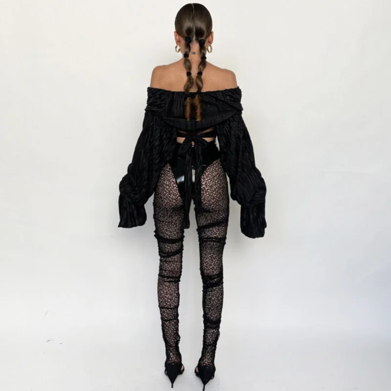 BIIKPIIK Fashion Women's Clothes Shiny PU Style Pencil Pant Patchwork See-through Sexy Casual Long Trousers High Street Clubwear