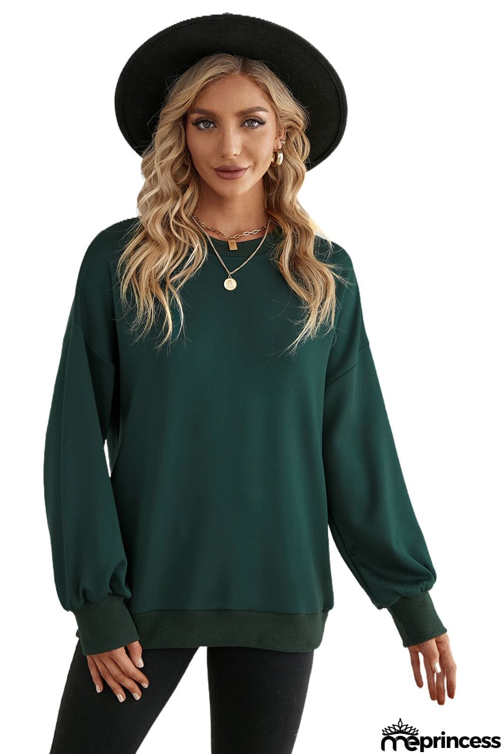 Plain Drop-shoulder Pullover Sweatshirt /Black/Green