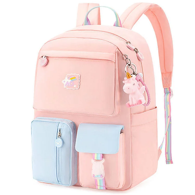 Girl Cute Backpacks Hit Color Middle School Student Rucksack (Pink + Blue)