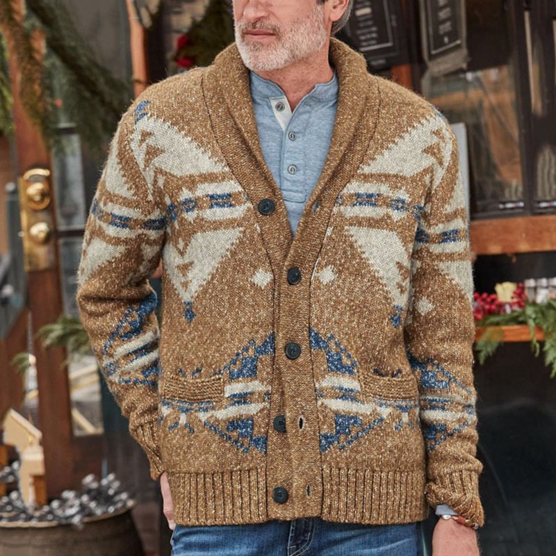 Men's Retro Tribal Ethnic Lapel Jacquard Long Sleeve Sweater Cardigan
