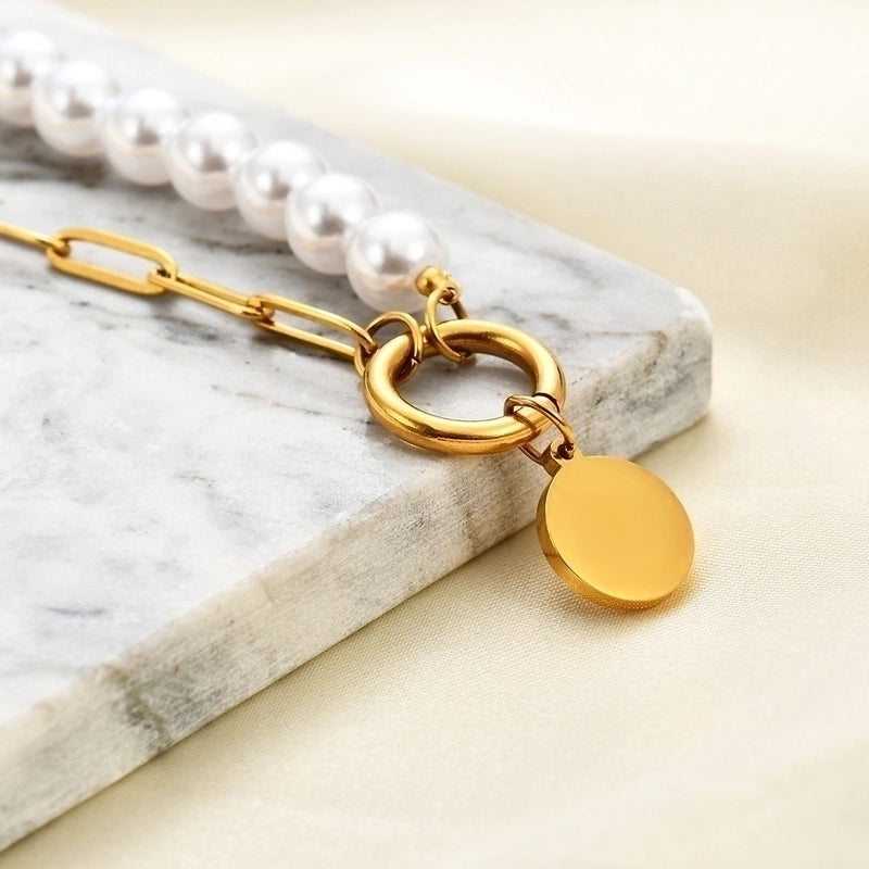 Retro Round Imitation Pearl Titanium Steel Bracelets 1 Piece