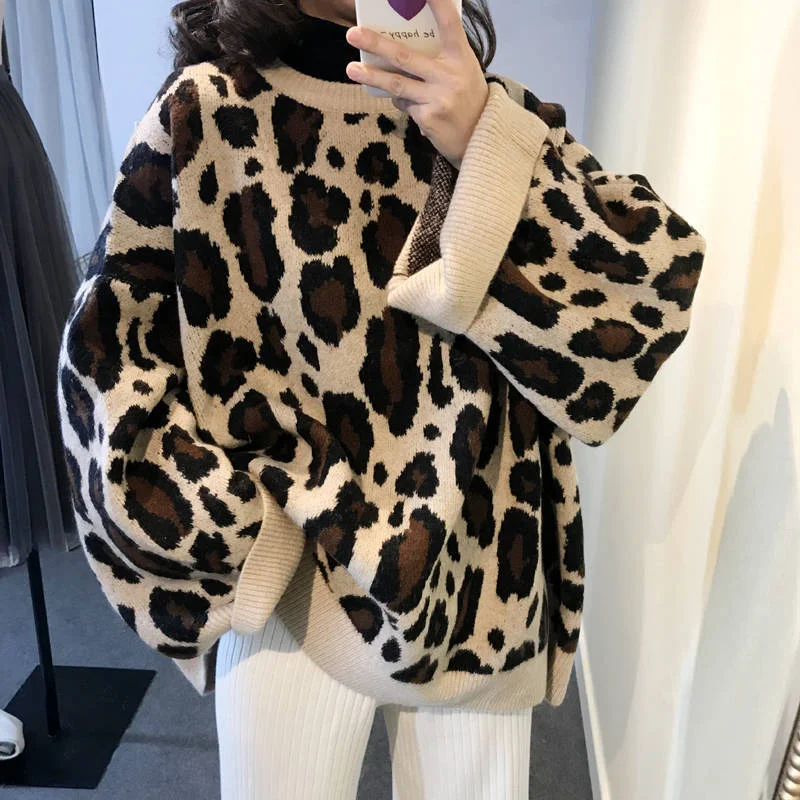 Leopard Sweaters Ladies Long Sleeve Pullover Women Oversize Korean Knitted Top Fashion Knitwear Loose Plus Size Female Clothes