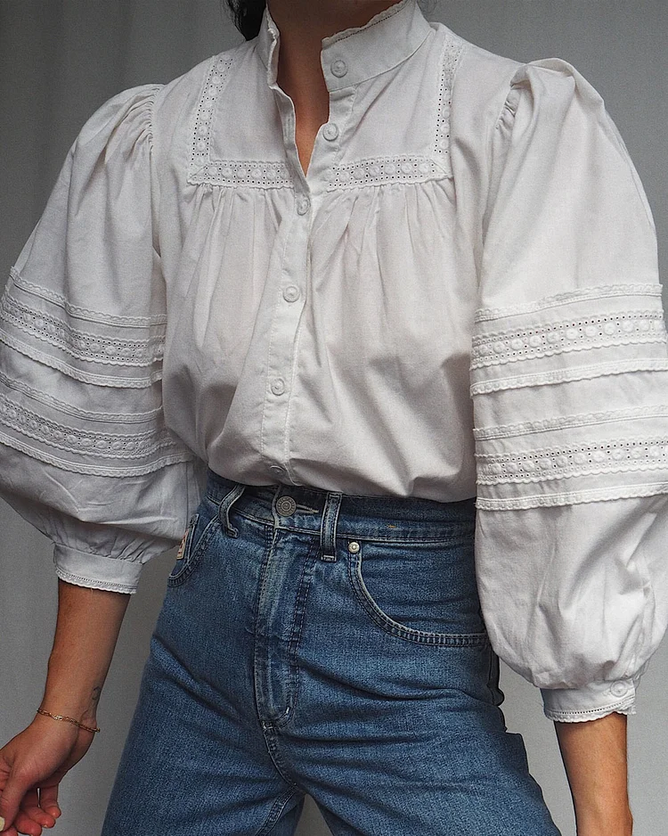 Vintage Puffed Sleeves Heavy Cotton Blouse
