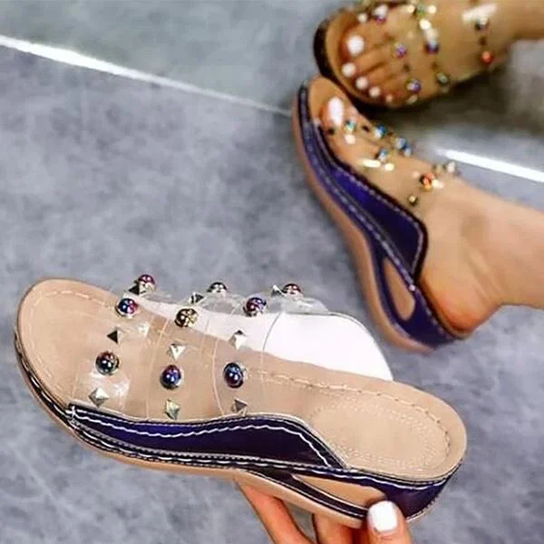 Large Size Rivet Transparent Wedge Slippers