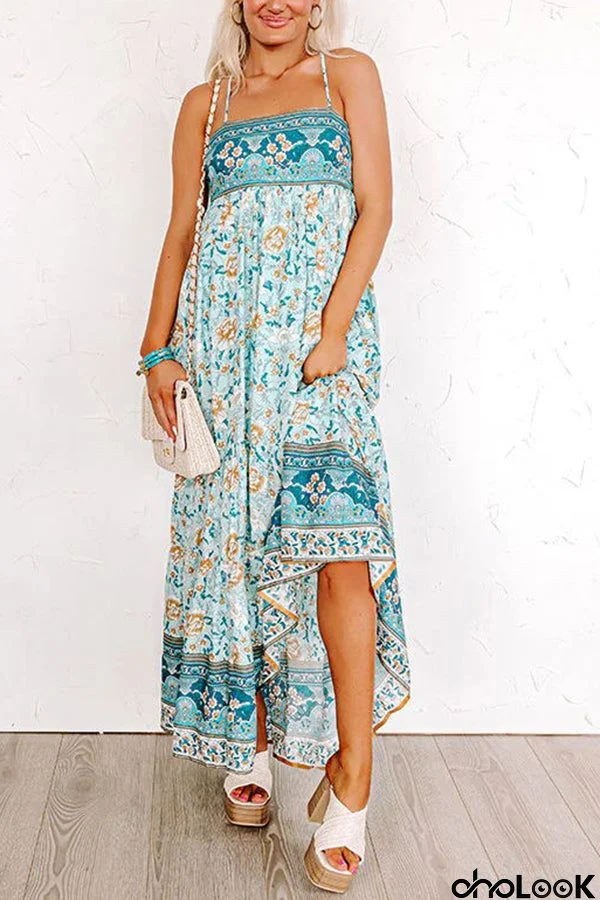 Sunny Day Darling Boho Printed Back Adjustable Tie Maxi Dress