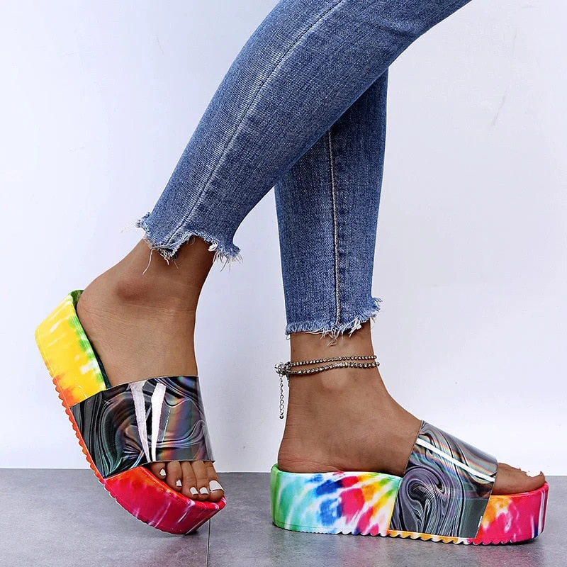 Vstacam Women Summer Platform Rainbow Slippers Women's Print Colorful Flat Beach Fashion Footwear Female Slides Plus Size Shoes
