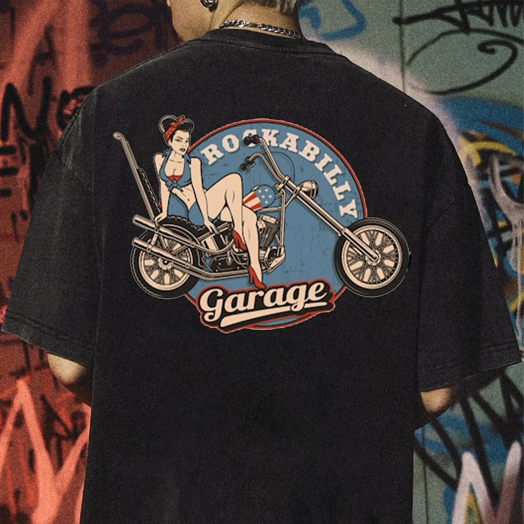 ROCKBILLY GARAGE Sexy Lady With Motorcycle Print Men's T-shirt