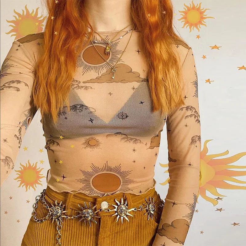 Back to school  Y2K Vintage Harajuku Print Mesh T Shirt Women Elegant Long Sleeve O Neck Summer Sheer Perspective Crop Tops Casual Blouse Tee