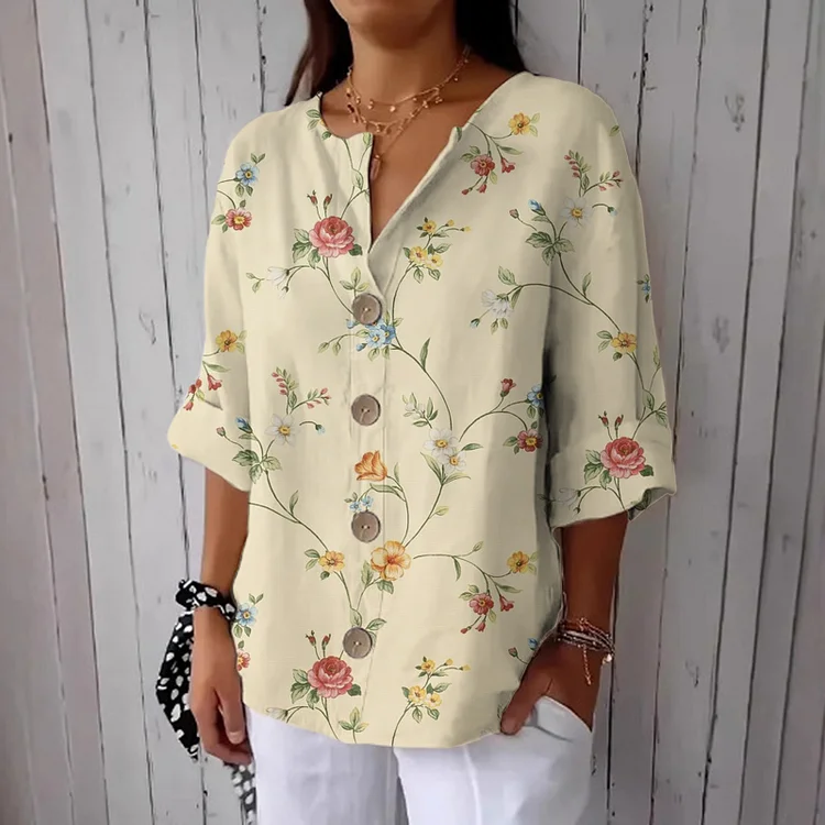 Simpfit Damen Vintage Floral Art Nachahmung aus Baumwolle und Leinen Freizeithemd