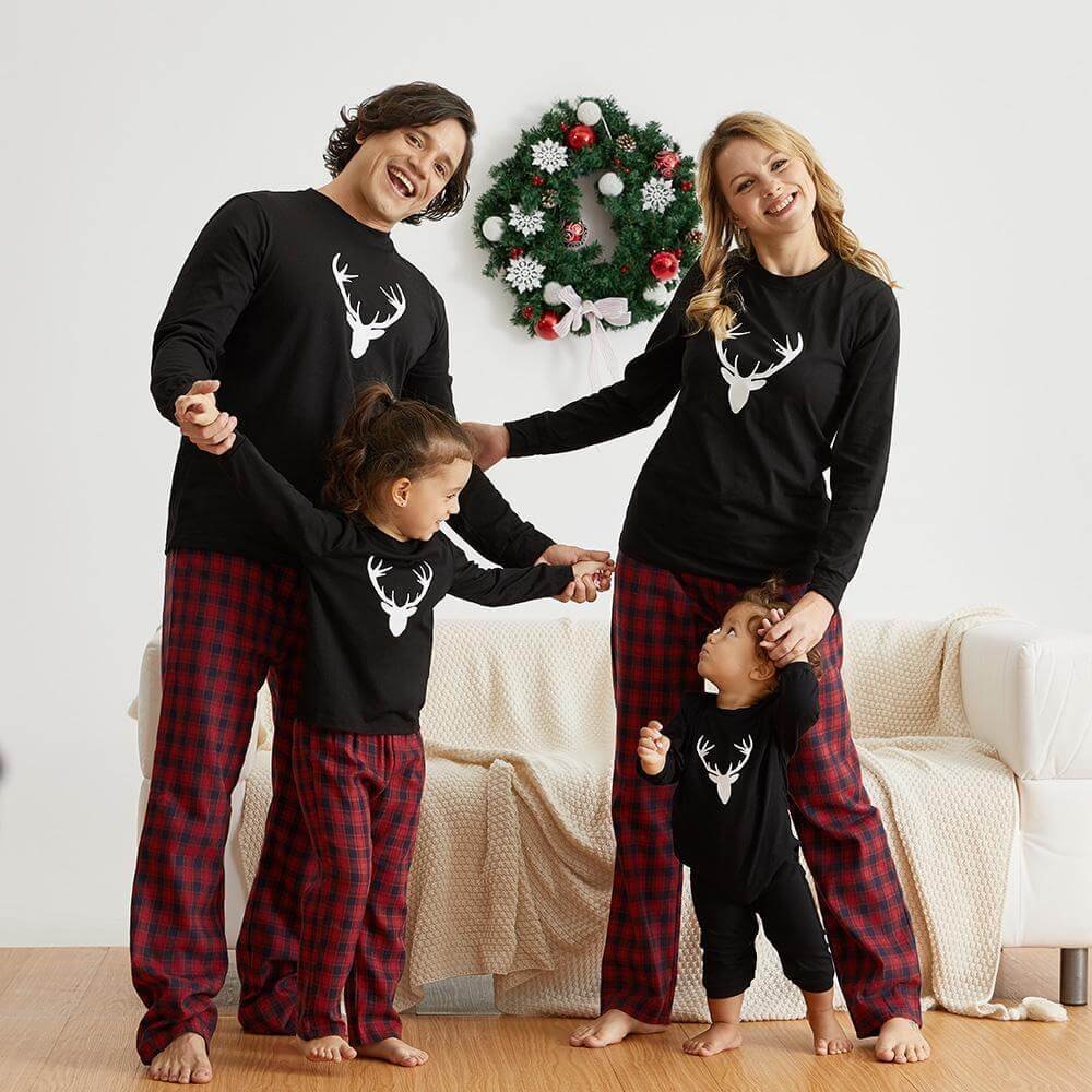 Christmas Buffalo Plaid Antler Print Family Matching Pajamas Sets